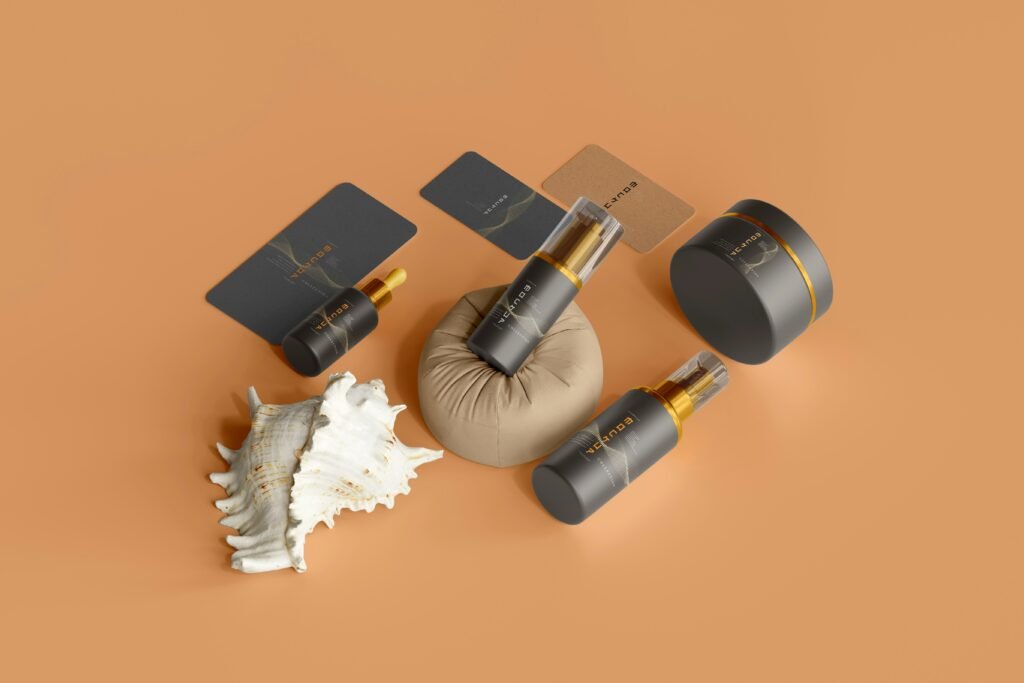 Skincare products arranged on a warm neutral background